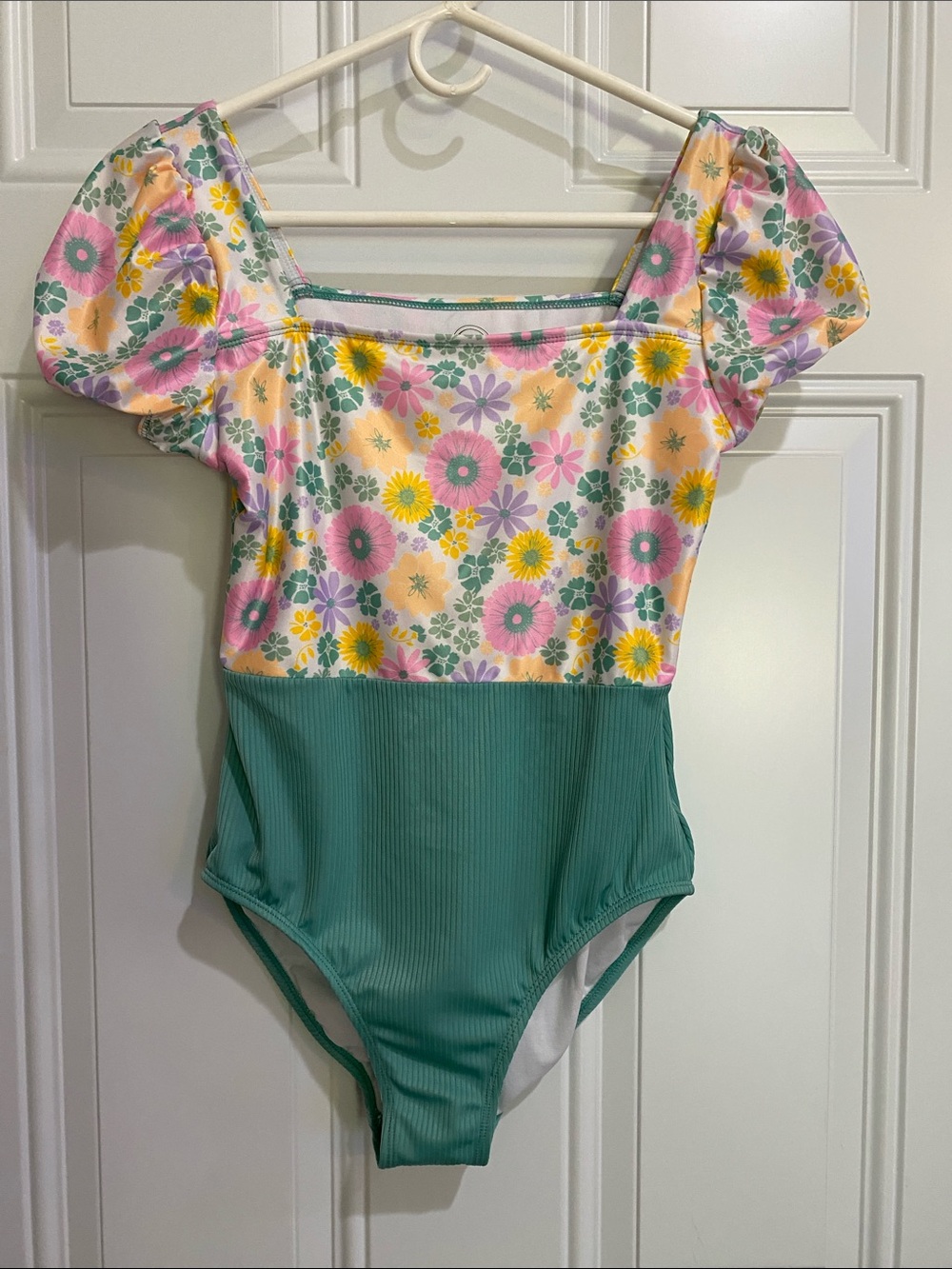 wonder nation Green Ribbed One-Piece with Pink, Yellow & Lavender Floral Top